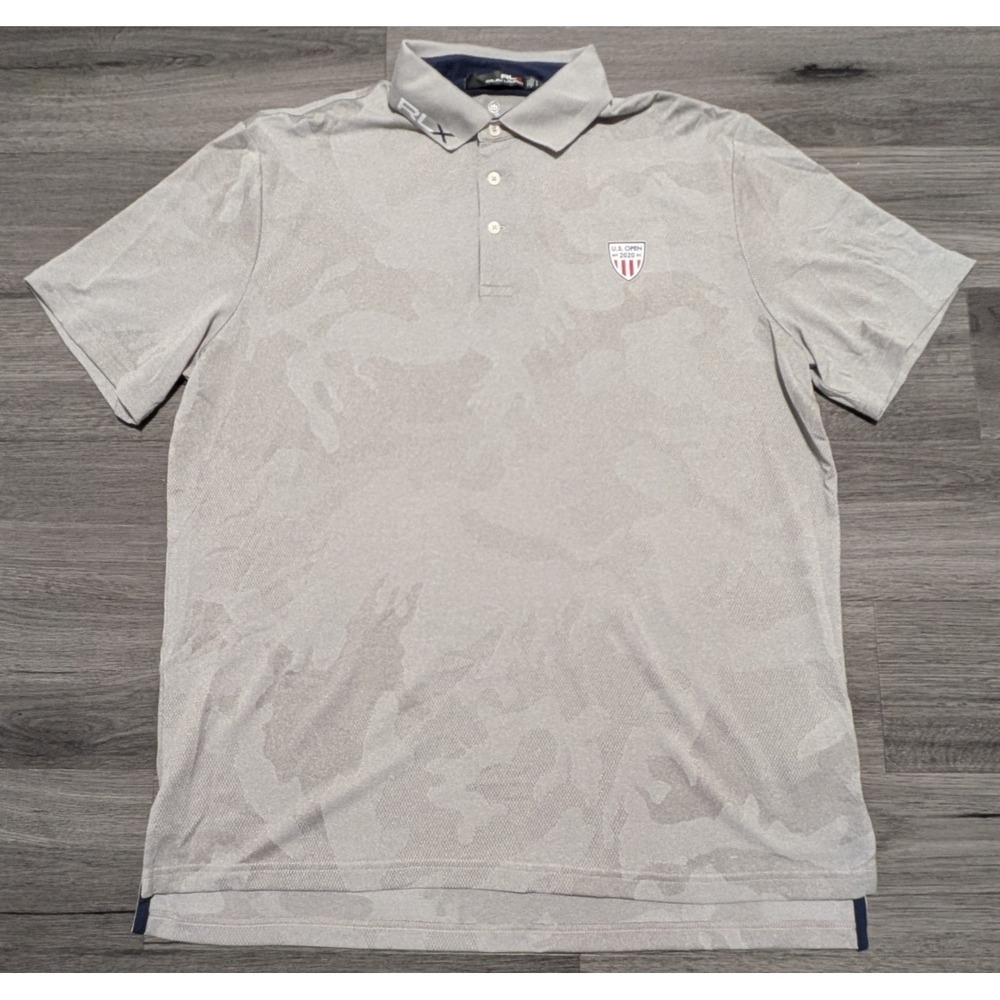RLX Ralph Lauren Men's Gray Mesh Camo Performance US Open Polo‎ Size Large